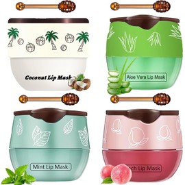 4 Bálsamos Labiales De Abeja En Tarro De Miel, Mascarilla Labial Nocturna De Coco, Aloe Vera, Melocotón Y Menta Con Palitos, Exfoliante Para Prevenir Labios Secos Y Agrietados.
