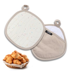 2-in-1 Pot Holder Gloves, Heat Resistant Pot Holders with Pockets, Non-Slip Cotton Pot Holders, Baking Gloves, Oven Gloves, Non-Slip Cooking Gloves for Cooking, Baking (20 x 20 cm, Beige)