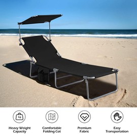 Giantex Lounge Chaise Chair Position and Shade Adjustable W/Canopy and Storage Pocket Folding Cot Recliner for Garden, Yard, Pool Side and Beach Sunbathing Folding Lounge Chairs(1, Black)