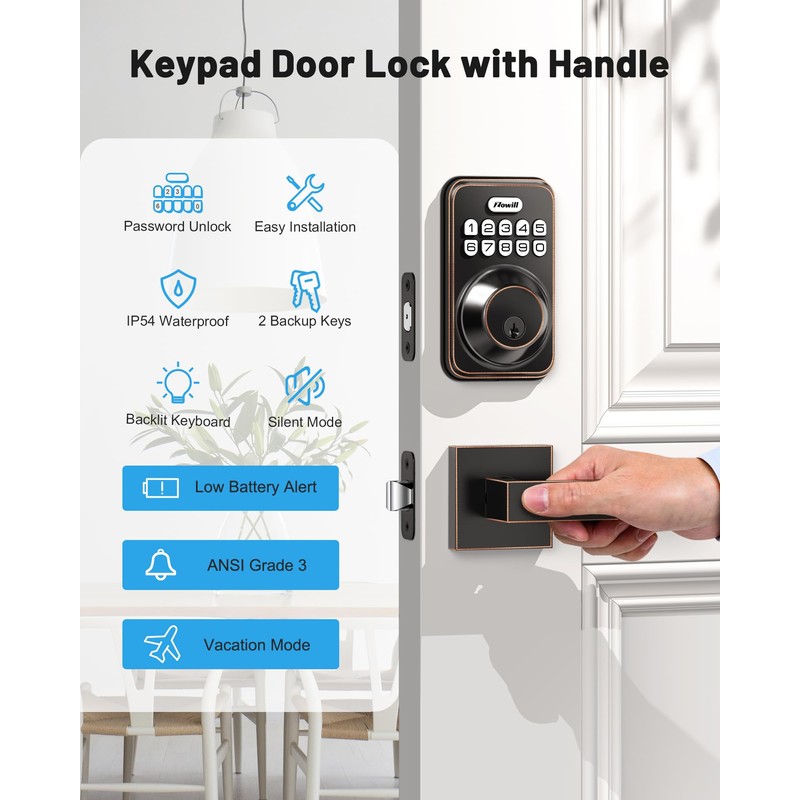 Zowill Keyless Entry Door Lock with 2 Lever Handles, Electronic