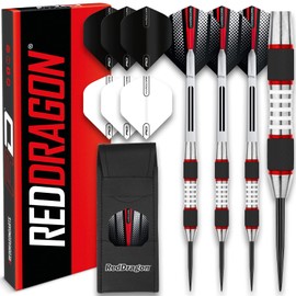 RED DRAGON Evos: 26g - 90% Tungsten Steel Darts with Winmau Rhino Black Flights and Stems