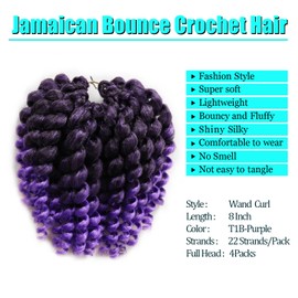 8 Inch Jamaican Bounce Crochet Hair 22 Strands Jumpy Wand Curl Crochet Hair 4 Packs Curly Crochet Hair for Black Women (8 Inch 4 Packs, T1B-Purple)