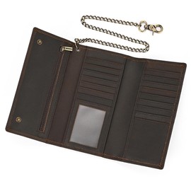 hakeng Mens Chain Wallet, Biker Trucker Wallets with Long Strong Chains, Genuine Leather Trifold Billfold, Snap, Brown