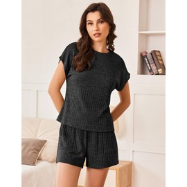 Ekouaer Pajamas for Women Ribbed Knit Lounge Set Cap Sleeve Top and Shorts Loungewear Sleepwear with Pockets S-XXL Black