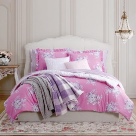 Shabby Chic® - King 3-Piece Comforter Set, Reversible Cotton Bedding with Matching Shams, Elegant Floral Home Decor for All Seasons (Brynn Pink, King)