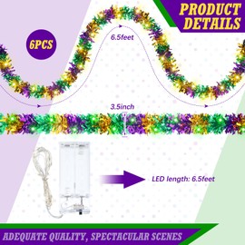 Boao 6 Pcs/39 ft Mardi Gras Decoration Tinsel Garland with LED Light 6.5 ft Each Mardi Gras Metallic Streamers Battery Operated Lighted Hanging Decor for Carnival Party Supply(Battery Not Include)
