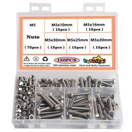 huruirui M5 Nuts and Bolts-304 Stainless Steel Screws and Nuts Set - Rustproof, Full Assortment of Hex Bolts Set for Durable and Perfect for Indoor and Outdoor Use 150PCS