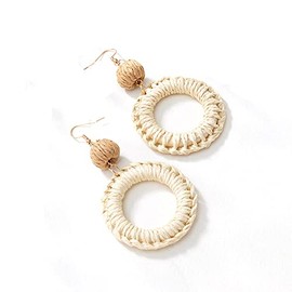 Boho Raffia Ball Long Earrings Multicolor Handmade Dangle Drop Earrings Bohemian Summer Beach Rattan Earrings Holiday Accessory-Circle White
