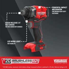 CRAFTSMAN V20 Cordless Impact Driver, 1/4 inch, Bare Tool Only (CMCF813B)