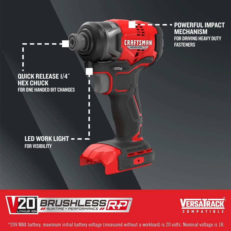 CRAFTSMAN V20 Cordless Impact Driver, 1/4 inch, Bare Tool Only