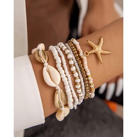 LANWLOSI Shell Bracelets for Women Summer Seashell Starfish Bracelets Stack Layered Stackable Stretch Beachy Armlets Sea Shell Jewelry Beach Accessories for Her Vcation Outfits Summer Stuff