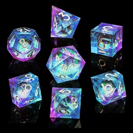 HAOMEJA Liquid Core Resin DND Dice Set 7Pcs with Bag Sharp Edge Polyhedral Dice, Apply to D&D Dungeons & Dragons Role-Playing Games D20, D12, D10, D8, D6, D4 Games Gift (Blue & Purple)