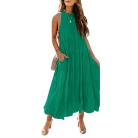 HAEOF Womens 2024 Summer Sleeveless Halter Maxi Dress Pleated Tiered Swing Beach Long Dresses Sundress Green