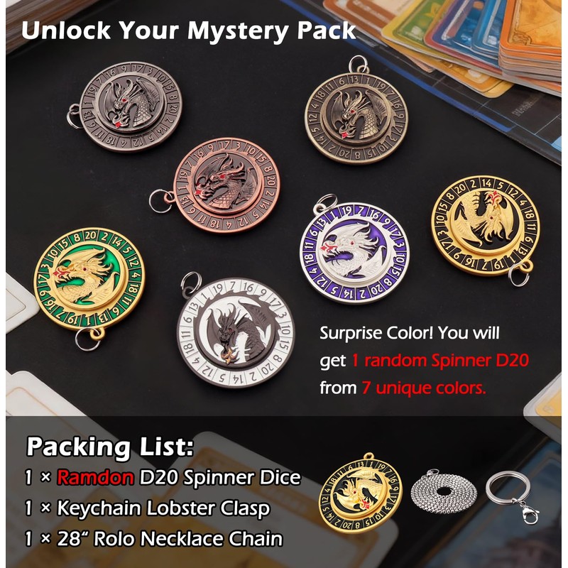 Haxtec D20 Spinner Dice with Keychain & Necklace Gifts for