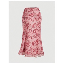 Verdusa Women's Plus Size Floral Maxi Skirt Fishtail Ruched Wrap Bodycon Skirts Pink X-Large Plus