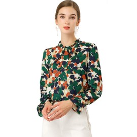 Allegra K Women's Long Sleeve Blouse Floral Tie Neck Chiffon Ruffle Trumpet Top Large Green