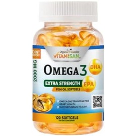 VITAMISAN Vitaminas orgánicas súper Omega 3 Concentrado de aceite de pescado ultra puro, EPA y DHA Triple potencia, ácidos grasos Omega 3, sin