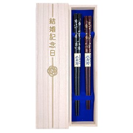 Couple Chopsticks Octagonal Sakura Black Red Dishwasher Safe Design Paulownia Box with Wrapping for Wedding Anniversary Gift Parents (Paulownia Box Design 4)