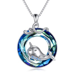 POPKIMI Narwhal Necklace Sterling Silver Crystal Narwhal Jewelry Tiny Silver Whale Necklace Love Gift for Women