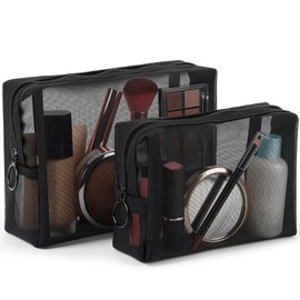 besharppin Mesh Cosmetic Pouch, Set of 2, Plain Makeup Pouch, Cosmetic Storage, Trinkets for Business Trips, Travel, S, M, Square (Black)