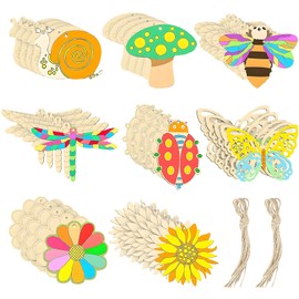 GYTFOG 40 Wooden Craft Shapes, Unfinished Wooden Discs for DIY Painting, 5 Snails, 5 Dragonflies, 5 Beetles, 5 Butterflies, 5 Mushrooms, 5 Sunflowers, 5 Chrysanthemums, 5 Cicadas with Rope