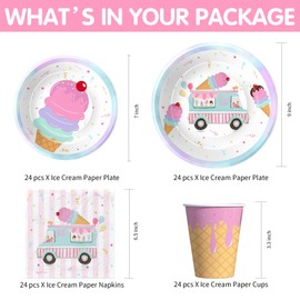 Suhelkit Ice Cream Party Decorations Tableware Girl, Ice Cream Truck Shop Birthday Party Supplies, Plate, Napkin, Cup, Tablecloth, Cutlery, Here's The Scoop Summer Sweet Birthday Decorations, Serve 24