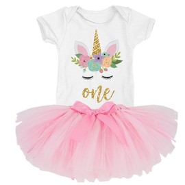 First Birthday Unicorn face Glitter Bodysuit and Pink Tutu Birthday Set (9m Bodysuit)