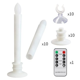 CelebrationLight 10 Pack Flameless Taper Candles with Remote/Timer & Suction Cup, Battery Operated Flickering LED Window Candles, Vintage Christmas Electric Fake Candlesticks, White Holder