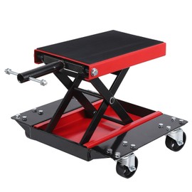 Heavy-Duty Motorcycle Lift with Casters - 1100 lb Capacity Steel Scissor Lift Jack, Wide Deck, Safety Pins, Center Lift Crank Bracket, and Thickened Rubber Pads for Motorcycles and ATVs.