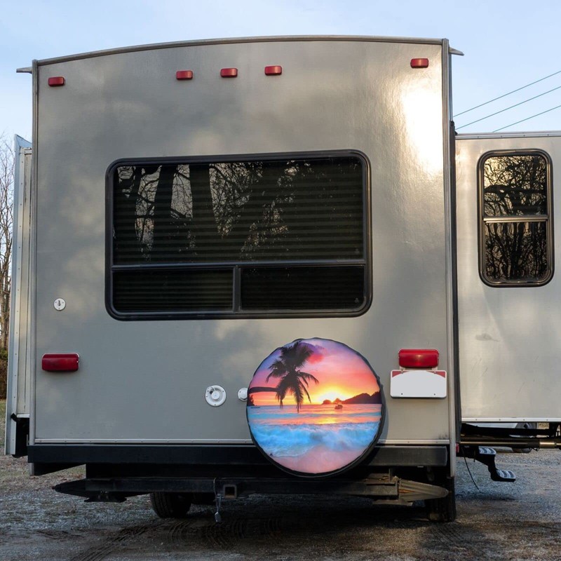 KiuLoam Ocean Sunrise Tropical Palm Tree Spare Tire Cover Polyester