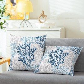 CaliTime Throw Pillow Cases Pack of 2 Cozy Fleece Three-Tone Sea Coral Tree Decorative Cushion Covers for Couch Bed Sofa Farmhouse Decoration 20 X 20 Inches Sea Blue Grey