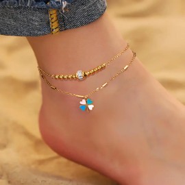 Joo&Rind Clover Anklet for Women Anklet for Women Waterproof 18k Gold-Plated Stainless Steel Layered Anklet Women's Boho Style Women's Jewellery, Gifts for Women, Gold Plated