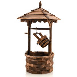 Giantex Rustic Wishing Well Fountain, Outdoor Wooden Water Fountain with Electric Pump, 5 Adjustable Water Flow Rates, Water Bucket, Freestanding Decorative Wishing Well for Backyard Patio Garden
