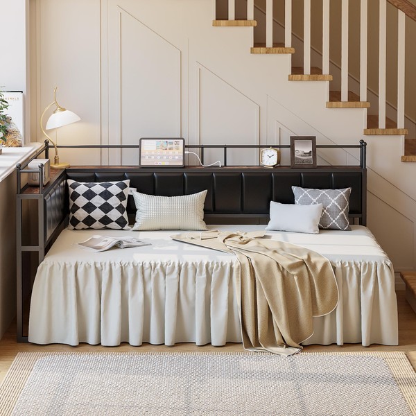 LIKIMIO Daybed with Trundle,Corner Twin Bed Frame with L-Shaped Upholstered
