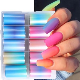 XEAOHESY 10 Rolls Fluorescent Aurora Color Nail Foils Nail Art Transfer Stickers Kit Colorful Neon Nail Foil Stickers Gradient Iridescent Transfer Sheets Foil Nail Wraps for Nail Art Supplies