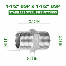 TAISHER 2PCS Cast 304 Stainless Steel Hex Nipple, Pipe Fitting 1-1/2 Inch Male Pipe x 1-1/2 Inch Male Pipe