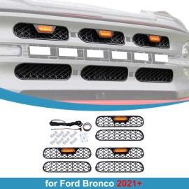 ETL INDUSTRIES Front Grill Inserts W/ Amber Light Mesh Grille Trim Ford Bronco 2021-2025 Black