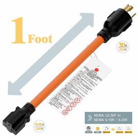 1FT Nema L6-30P 30-Amp Twist Locking Plug Male to 6-20R T-Blade Adapter, STW 12-AWG 30A Generator 250V to 20A 250V 6-20/15R Adapter, L6-30 to 6-20R (6-15) Adapter