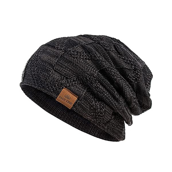 PAGE ONE Mens Winter Slouchy Beanie Warm Fleece Lined Skull Cap Baggy Cable Knit Hat Black
