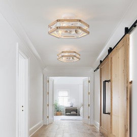 3-Light Modern Farmhouse Wood Flush Mount Ceiling Light Fixture 14.5 inch Vintage Natural Wood and Metal Cage Semi Flush Mount Ceiling Light for Hallway Entry Bedroom Farmhouse, White