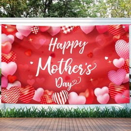 Large Happy Mother's Day Banner Decorations Mothers Day Flag Outdoor 71x44 Inch,Mom Gifts for Indoor Home House Decor Party Supplies,Yard Sign Background for Photography,Red Heart