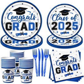 Blue and White Graduation Decorations Dinnerware Set, Class of 2025 Graduation Plates and Napkins, Graduation Plates and Cups and Napkins Set for Congrats Grad Party Decorations Blue, Serve 25