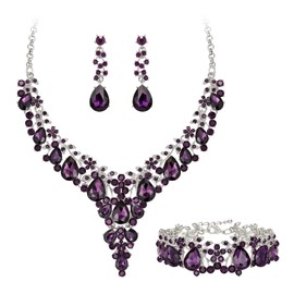EVER FAITH Banquet Prom Jewelry Set for Women, Elegant Crystal Flower Round Teardrop Statement Necklace Dangle Earrings Bracelet Sets Dark Purple Silver-Tone