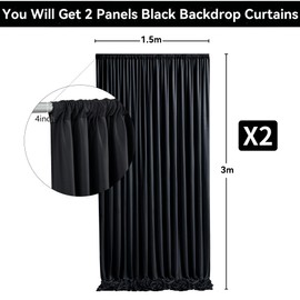 3 m x 3 m Thick Black Background Curtain for Parties, 2 Panels Black Polyester Wedding Background Curtains for Birthday Photography Party Home Decorations
