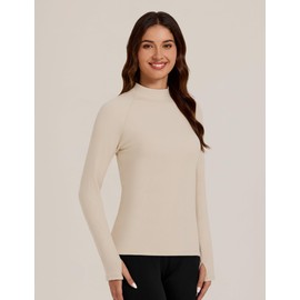 Bonneuitbebe Women's Thermal Shirts Fleece Lined Undershirt Turtleneck Ribbed Basic Tops Lightweight Base Layer Beige