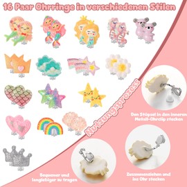 Halinuia 16 Pairs Glitter Clip Earrings Girls Clip Earrings Children's Earrings Without Ear Hole Magnetic Earrings Resin Ear Clips Jewellery Gifts for Girls Toddler Earrings Party Favour, Resin, No