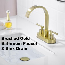 TRUSTMI 4" Centerset Bathroom Faucet 3 Hole, High Flow Waterfall Spout, Brushed Gold | Commercial Grade Stainless Steel | 360° Swivel, with Pop-Up Drain & cUPC Lines