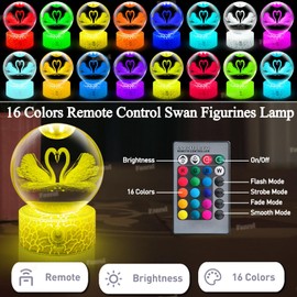 Fanrui Crystal Swan Lamp,2Pcs Swan Figurines Paperweight,3D Swan Gifts for Women,Crystal Twin Swan Statue Decor,16 Colors Remote Control Night Light,Gifts for Girls, Mom, Christmas, Valentine's Day