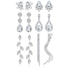 CASSIECA 6 Pairs Clip On Earrings for Women Silver Clip On Earrings Rhinestone Tassle Non-piercing Earrings for Brides Bridesmaids Brilliant Diamond Dangle Earrings Clip On Non Pierced Jewelry