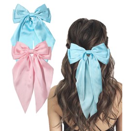Furling Pompoms Hair Bows Clips for Women Large Bow Clips for Girls Satin Long Tails with Alligator Clips Big Hair Bow Hair Accessories (Pink Blue)